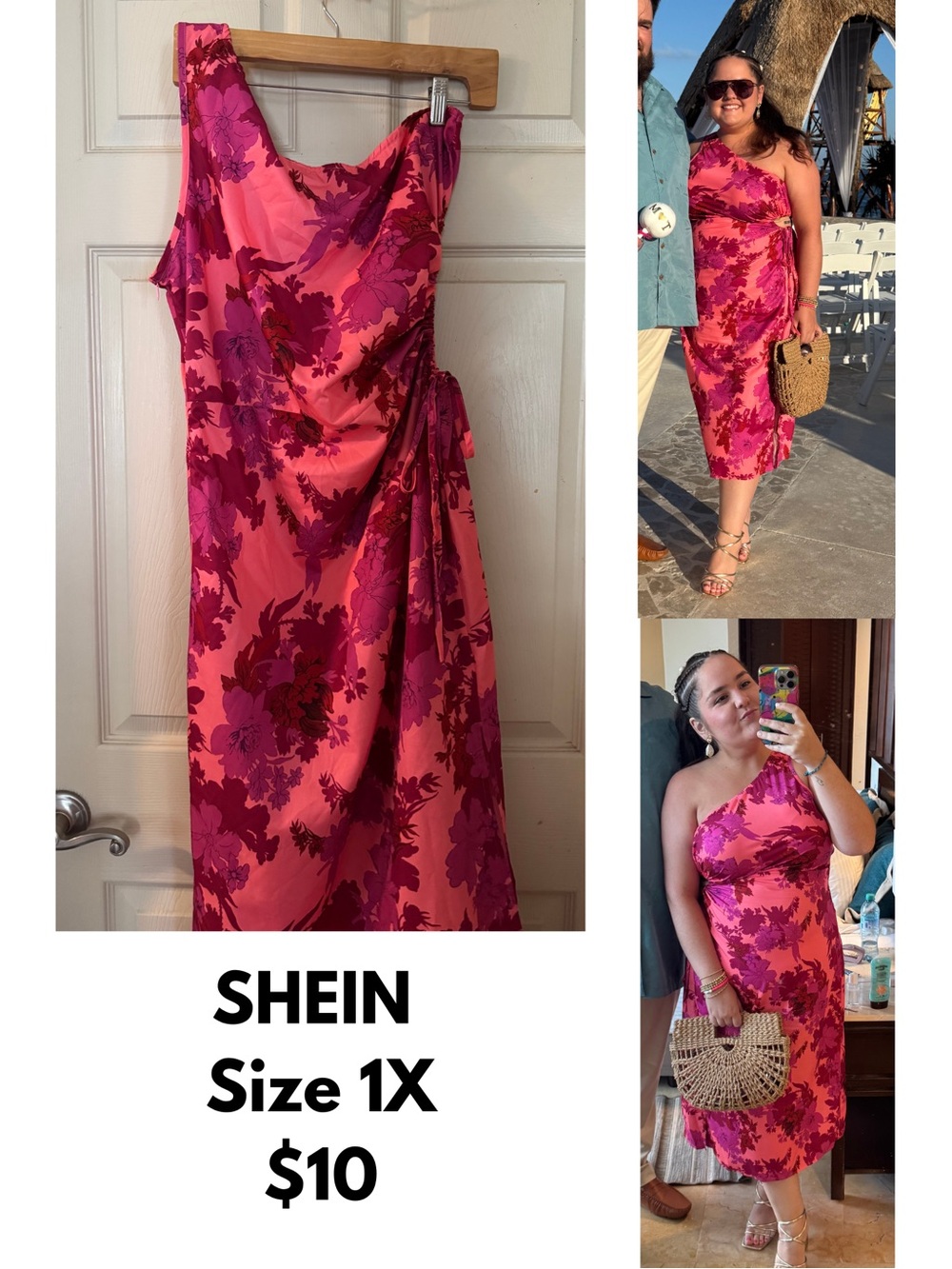 SHEIN Hot Pink Floral One-Shoulder Midi Dress